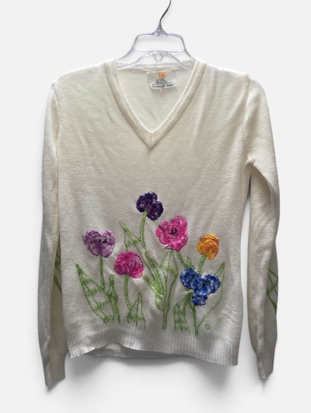 Shirlee Designs Womens Vintage 70s Knit Sweater Embroider Flowers M